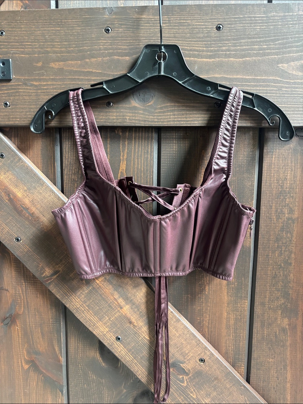 Women’s Faux Leather Lace-Up Bustier Crop Top - Plum